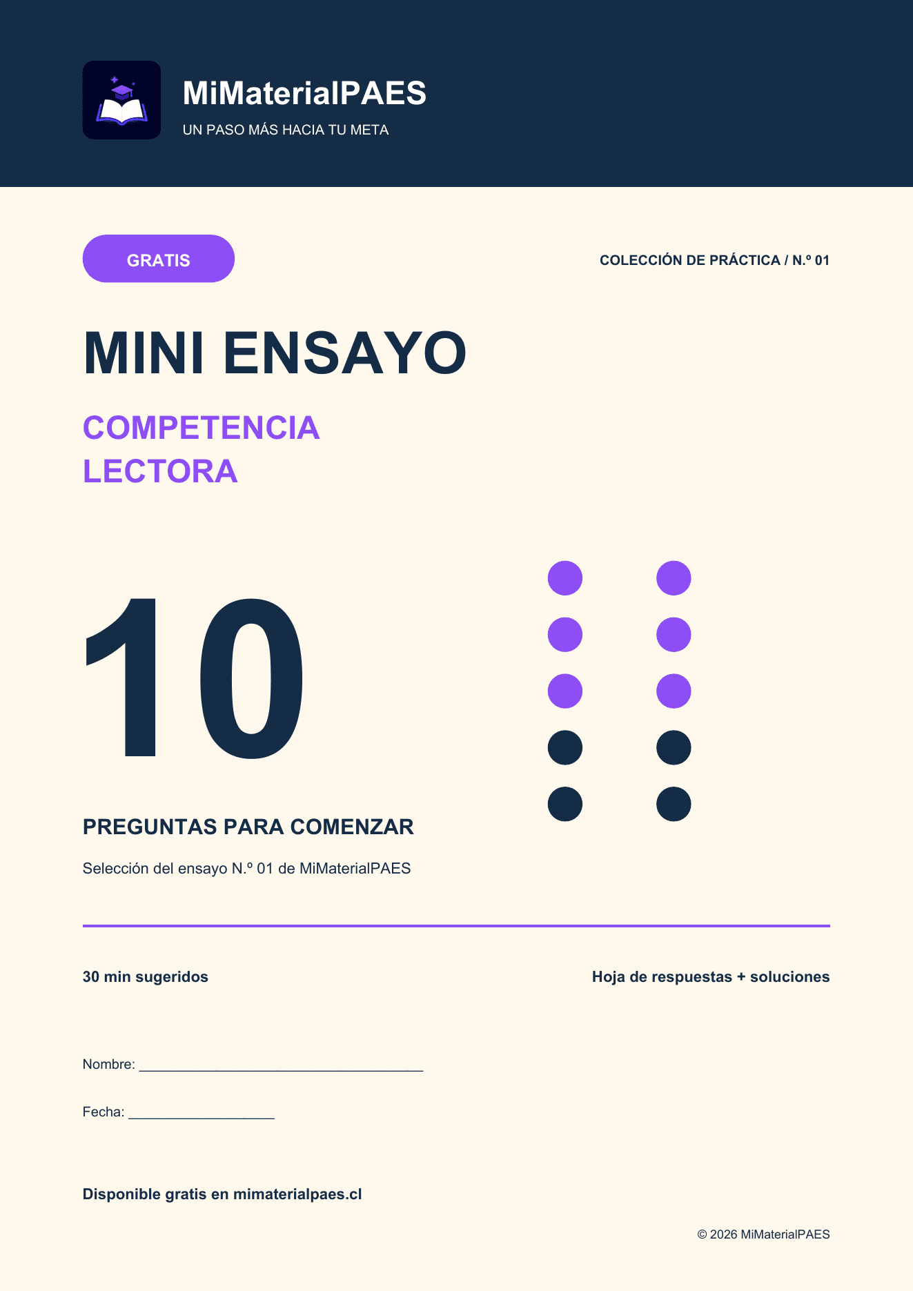 Portada del mini ensayo gratis de Lenguaje / Competencia Lectora, firmado por MiMaterialPAES